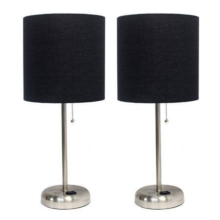 LIMELIGHTS Brushed Steel Stick Lamp with Charging Outlet Set, Black, PK 2 LC2001-BLK-2PK